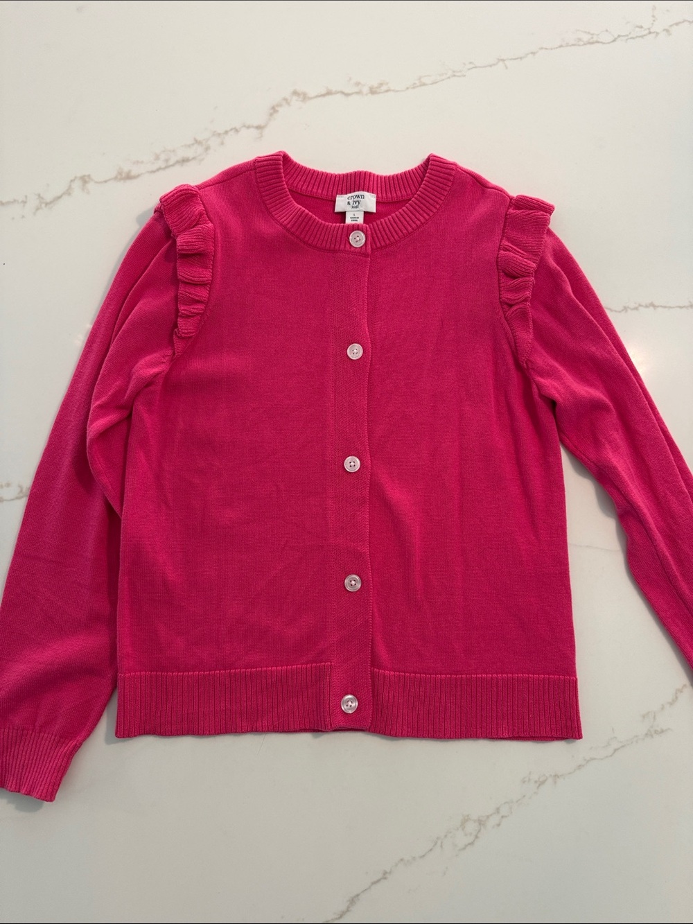 crown & ivy Hot Pink Ruffle-Shoulder Cardigan